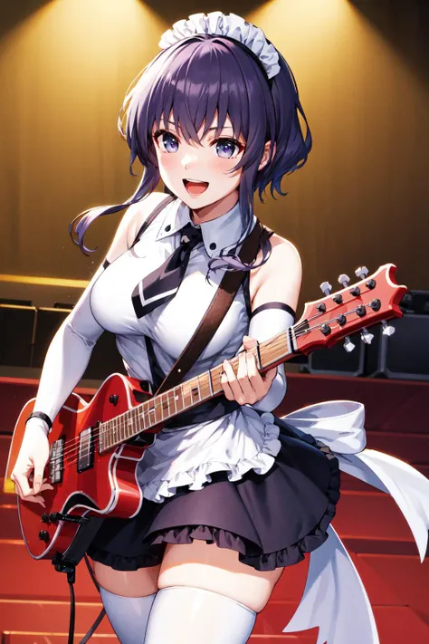 masterpiece, best quality, highres, hyoudou michiru, solo, fake animal ears, white thighhighs, maid headdress, detached sleeves, black skirt, white apron, sleeveless shirt, white shirt, black necktie, frilled apron, <lora:hyoudou_michiru_v1:0.7>, cowboy shot, on the stage, holding instrument, guitar, smile, open mouth,