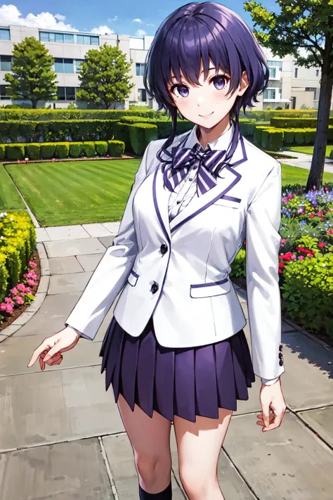 masterpiece, best quality, highres, hyoudou michiru, solo, pleated skirt, bowtie, striped bow, white jacket, black socks, purple skirt, white blazer, striped bowtie, long sleeves, <lora:hyoudou_michiru_v1:0.7>, standing, smile, outdoors, garden, school, building,