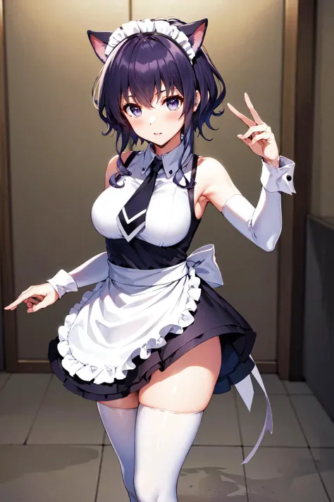 masterpiece, best quality, highres, hyoudou michiru, solo, fake animal ears, white thighhighs, maid headdress, detached sleeves, black skirt, white apron, sleeveless shirt, white shirt, black necktie, frilled apron, <lora:hyoudou_michiru_v1:0.7>, cowboy shot, standing,