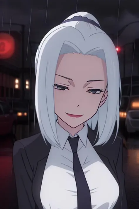 <lora:Mei Mei [Jujutsu Kaisen Season 2]:0.8>, woman, ponytail, black office clothes, black pants, gray hair,  8k resolution, 8k quality cq, cinematic render, rain city background, complex background, looking at viewer, beautiful face