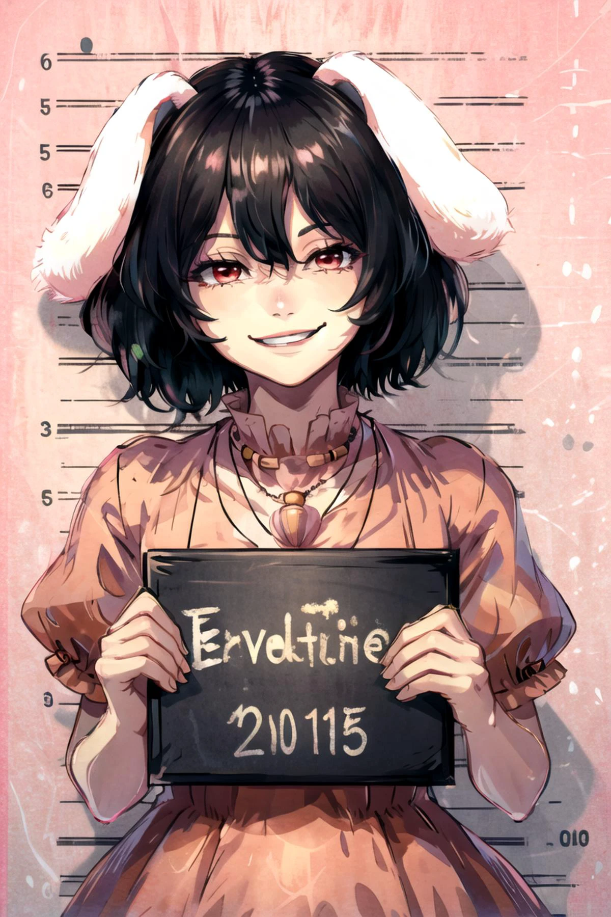 highres, <lora:2hu-TewiV4:1>, inaba tewi, short hair, carrot necklace, short sleeves, pink dress, evil smile, <lora:mugshot:0.6>, holding sign, height chart,