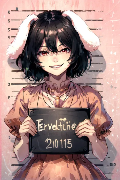 highres,  <lora:2hu-TewiV4:1>, inaba tewi,  short hair, carrot necklace, short sleeves, pink dress, evil smile, <lora:mugshot:0.6>, holding sign, height chart,