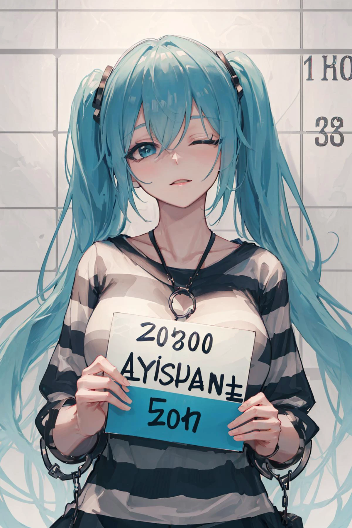 ((masterpiece, best quality, high_resolution, distinct_image)), (finely_detailed_beautiful_eyes_and_detailed_face:1.1),
(A woman is holding a sign with both hands, covering her chest, and taking a mugshot),
(mugshot, height chart, 1girl, upper body, holding, holding sign, prison clothes, see-through, striped shirt,handcuffs:1.3), looking at viewer,
early, ager,
medium breast, crossed bangs, cyan_opaque color short_twintails, long, wink eyes,close one eyes, <lora:mugshotLora_mugshot:0.5>,