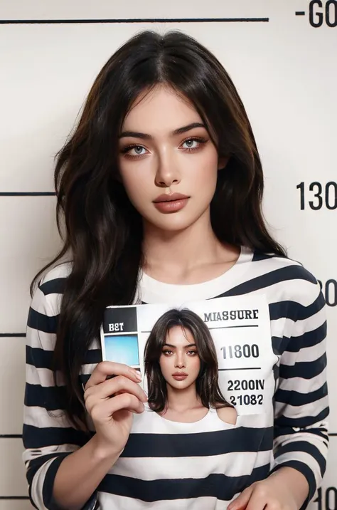 masterpiece, best quality, illustration, mugshot, height chart, 1girl, latino woman, dark-skinned female, muscular, upper body, holding her own photo, looking at viewer, messy long hair, prison clothes, striped shirt
<lora:mugshot:0.6>,Victoria,<lora:Victoria:0.6>