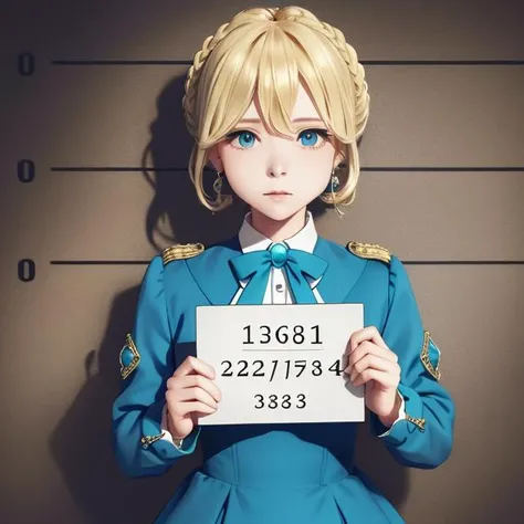 jewelry, blonde updo hair with ribbon, long sleeves, brooch, ribbon, aqua eyes, jacket, dress, emerald, <lora:mugshotLora_mugshot:0.5>, (holding sign:1.1), mugshot, height chart, <lora:violetEvergarden_v10:0.5>