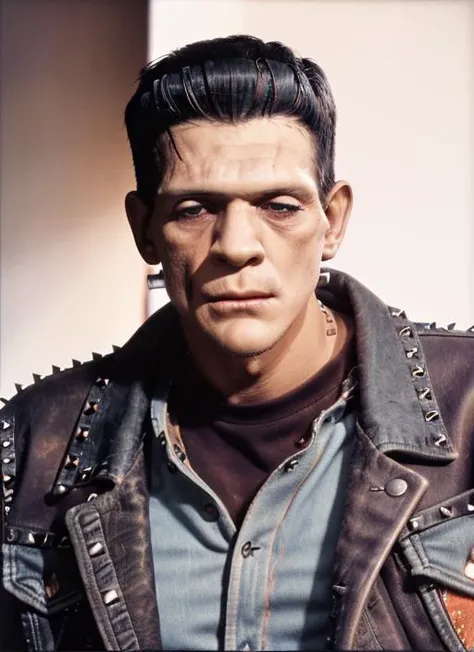 f1 (close-up, editorial photograph of a man, masculine, male), (highly detailed face:1.4) background white wall:1.3) (wearing Outlaw Bandana, Studded Leather Jacket, Denim Shirt, Leather Belt, Bootcut Pants, Motorcycle Boots:1.2) <lora:epiNoiseoffset_v2:1.2>, POV, by lee jeffries, nikon d850, film stock photograph ,4 kodak portra 400 ,camera f1.6 lens ,rich colors ,hyper realistic ,lifelike texture, dramatic lighting , cinestill 800, <lora:Frankenstein:.85>