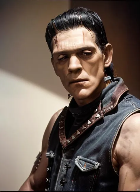 f1 (close-up, editorial photograph of a man, masculine, male), (highly detailed face:1.4) background white wall:1.3) (wearing Outlaw Bandana, Leather Vest, Studded Cuffs, Black Denim Jeans, Motorcycle Boots:1.2) <lora:epiNoiseoffset_v2:1.2>, POV, by lee jeffries, nikon d850, film stock photograph ,4 kodak portra 400 ,camera f1.6 lens ,rich colors ,hyper realistic ,lifelike texture, dramatic lighting , cinestill 800, <lora:Frankenstein:.85>