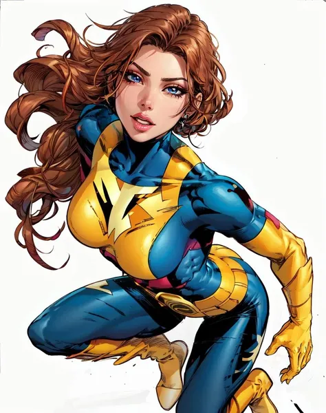 <lora:Mike_Deodato_Style-11:.8> Deodato, kitty pryde, 1girl, solo, long hair, breasts, open mouth, teeth, simple background, brown hair, gloves, white background, brown eyes, belt, lips, bodysuit, yellow boots, superhero, blue and yellow bodysuit, x-men belt, x-men costume,