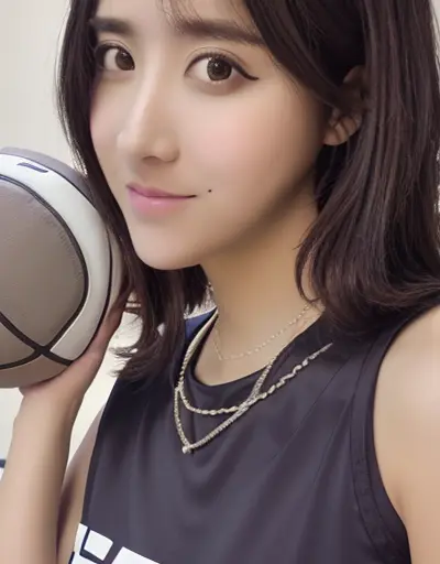 basketball, 1girl, solo, jewelry, earrings, necklace, sportswear, holding, ball, cosplay, shorts, sleeveless, shirt, basketball uniform, black hair, grey background, hoop earrings, looking at viewer, holding ball, simple background, black eyes, tank top <lora:chenyifa-000018:1>