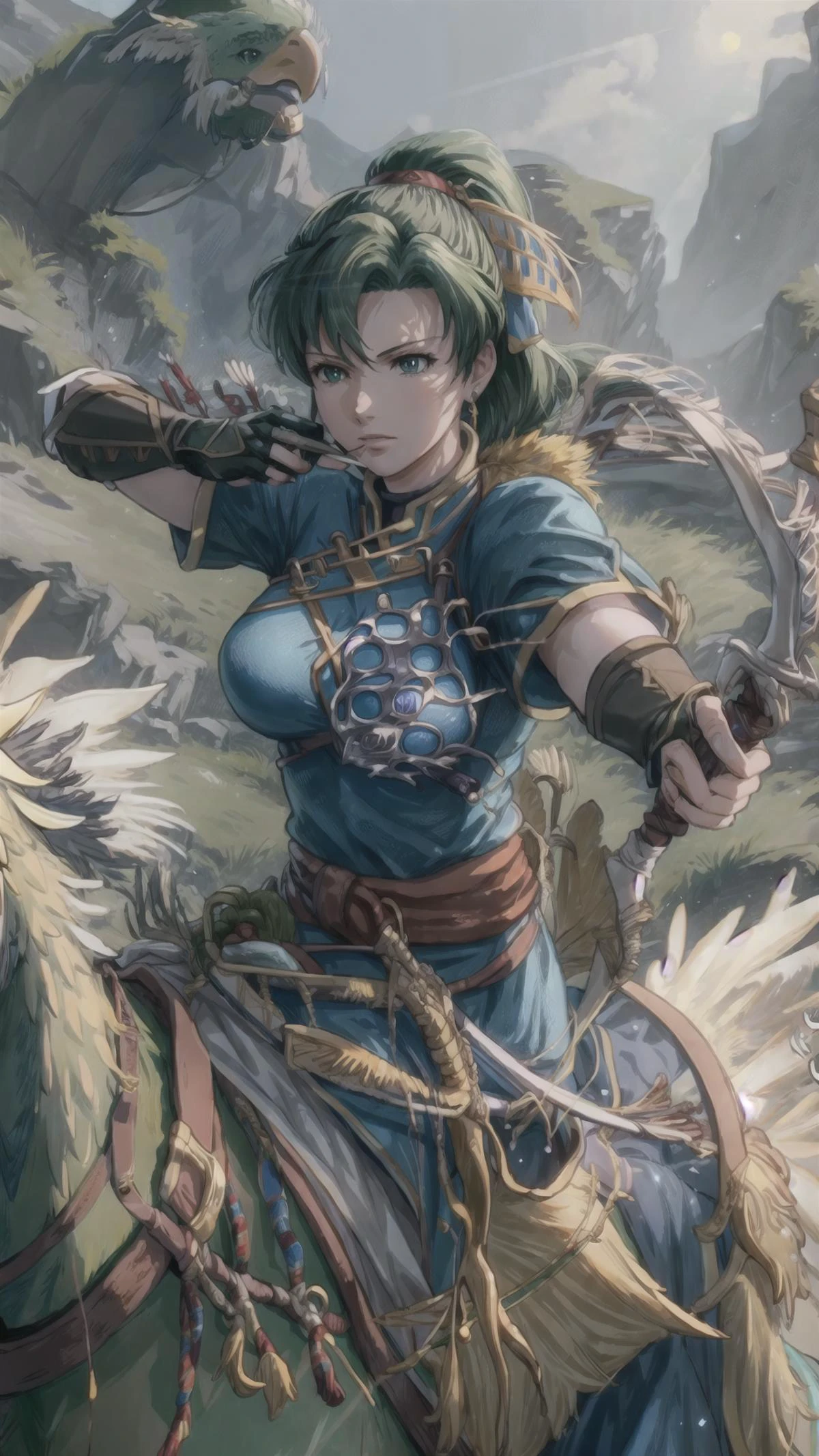 <lora:lyn-nvwls-v1-final:0.7> lyn (fire emblem:1.10), 1girl, solo, green hair, long hair, green eyes, high ponytail, blue dress, jewelry, fingerless gloves. hair ornament, (medium breasts:1.25), <lora:add_detail:0.4> BREAK,
<lora:mounted_archery_v1:0.4> mounted archery <lora:chocobo-nvwls-v1:0.6> (riding chocobo, chocobo, chocobo:1.15) <lora:Saya-drawing bow:0.6> (drawing bow, archery, bow \(weapon\), :1.10), BREAK,
wide field, grass, nature, masterpiece, best quality, extremely detailed, highly quality, 4k, sharp focus, professional, sharp focus, award winning, cinematic lighting, octane render, unreal engine, volumetrics dtx, Wallpaper,