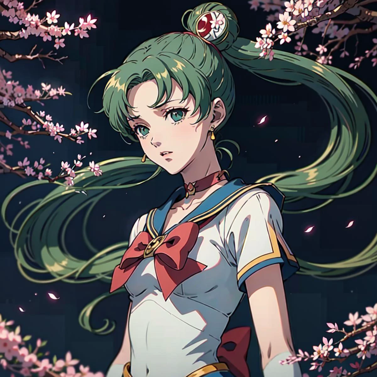(((anime style))),
<lora:sailor_moon_v1:0.7><lora:lyn-nvwls-v1:0.8> green hair, double bun, twintails, parted bangs, circlet, jewelry, earrings, choker, red bow, white gloves, elbow gloves, blue skirt
blue city, night, blue light, green flora, leafs in front, sakura trees, anime artwork Masterpiece, high quality, score_9, score_8_up, score_7_up, (ultra realistic, 32k, masterpiece:1.2), (high detailed skin:1.1), (high quality:1.1),
((OverallDetail)) Hand, Perfect hand, Detailed hand,<lora:Hand v3 SD1.5:1>