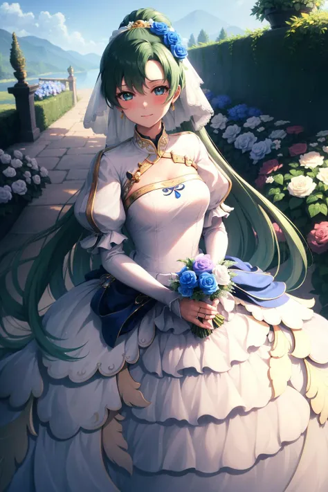masterpiece, best quality, bridalLyn, wedding dress, hair flower, veil, blushing, garden, looking at viewer <lora:lyn-nvwls-v1-000013:0.8>