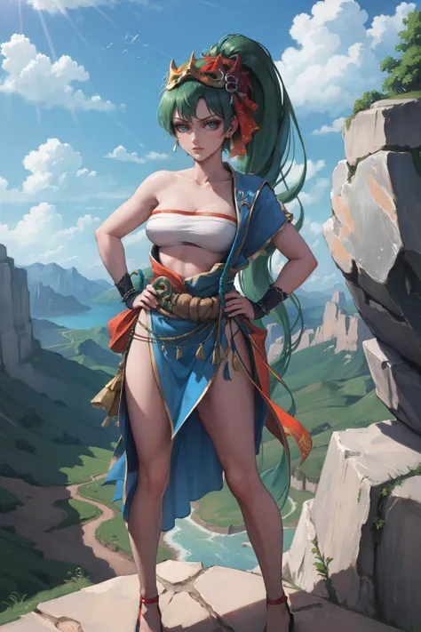 masterpiece, best quality, flameLyn, bandeau, blue skirt, mask, single bare shoulder, sash, rope, sandals, standing, furrowed brow, hands to hips, looking at viewer, sky, rocks, boulders, rocky terrain<lora:lyn-nvwls-v1-000013:0.8>