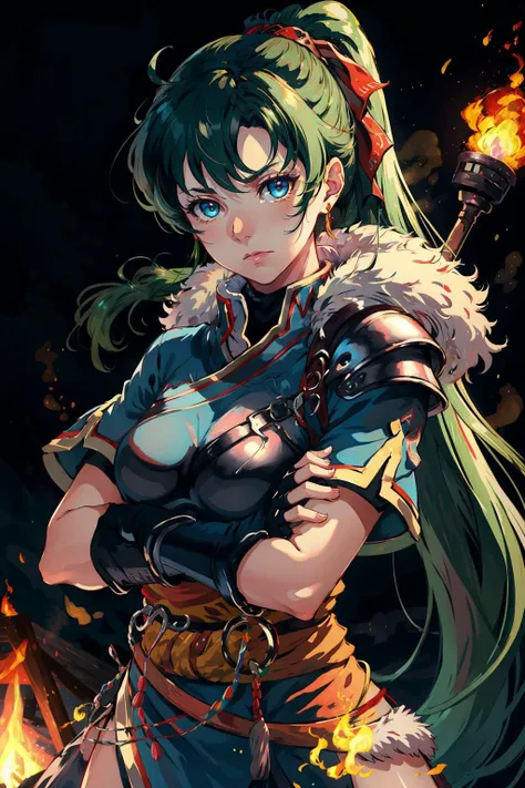 masterpiece, best quality, legendaryLyn, blue dress, fur trim, armor, fingerless gloves, sash, upper body, crossed arms, serious expression, looking at viewer, night, campfire side <lora:lyn-nvwls-v1-000013:0.8>