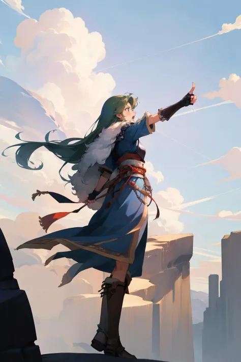 masterpiece, best quality, legendaryLyn, blue dress, fur trim, armor, fingerless gloves, sash, brown boots, raised arm, pointing, sky, rock formations, clouds, yelling, furrowed brow, from side <lora:lyn-nvwls-v1-000013:0.8>
