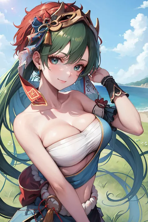 masterpiece, best quality, flameLyn, bandeau, blue skirt, mask, single bare shoulder, sash, upper body, cleavage, looking at viewer, smirk, grass, sky <lora:lyn-nvwls-v1-000013:0.8>