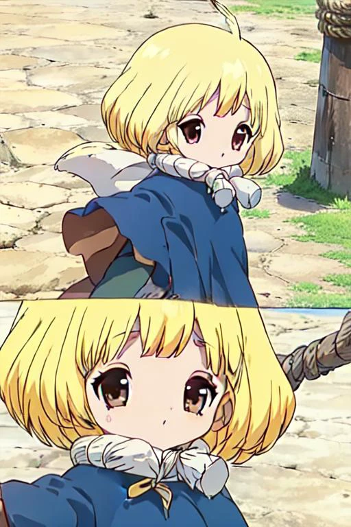 (((incredibly picture-perfect 32k detailed))) (((suika, blonde hair, short hair, brown eyes, scarf, cape, rope, ahoge))) <lora:suika-10:1>
