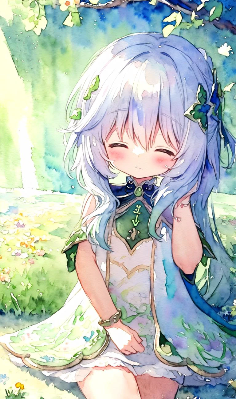 <lora:nahidaGenshinImpact_v10:0.85>, (masterpiece) ,ultra detailed, (watercolor, pastel colors:1.5) (cute illustration:1.2), (field of flowers:1.1) ,yellow tone, twilight, white dress, sleeveless, low contrast, wavy medium hair, hair ornament, dreamy atmosphere, sun rays, detailed shadow, peaceful, (countryside:0.6), soft color, happy, flat chest, nahida, solo girl, sitting, closed eyes, sidetail