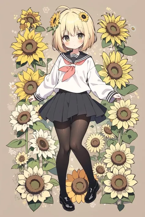 (kawaii background:1.3), (extremely detailed fine touch:1.3), ///, kawaii girl, black short hair, school girl, black tights, (full body:1.3), (sunflower:1.3), (zentangle:1.3)