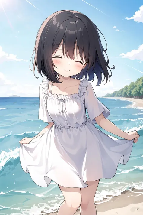 uper fine illustration, an extremely cute and beautiful girl, looking at viewer, smooth hair, solo, 1 girl, smile, beautiful black hair, quick bangs, short hair,(closed eyes:1.3), throw cold water, beach, White dress with ruffles, stand on the edge of the waves