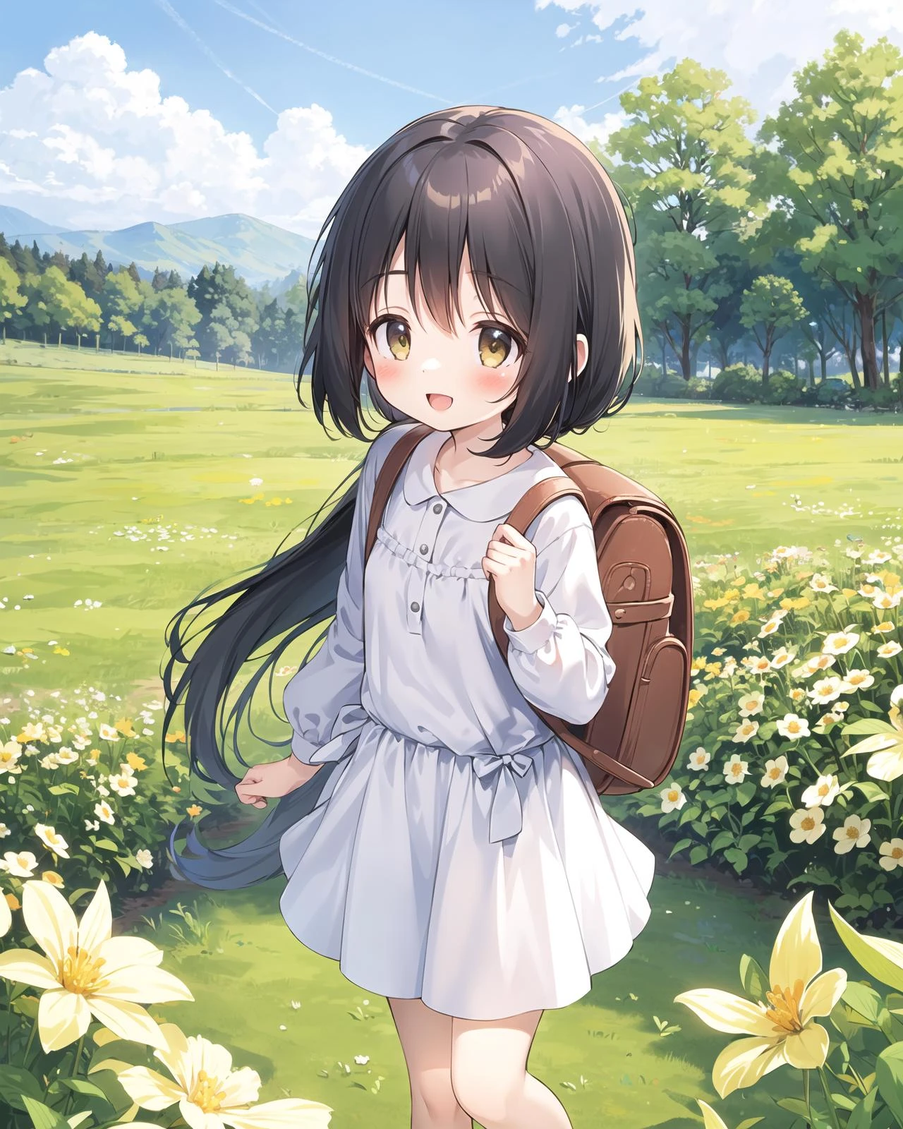 high resolution,professional lighting,an incredibly charming girl carrying a backpack,accompanied by her adorable puppy,enjoying a lovely spring outing surrounded by beautiful yellow flowers and natural scenery,masterpiece,best quality, (happy:1.4)