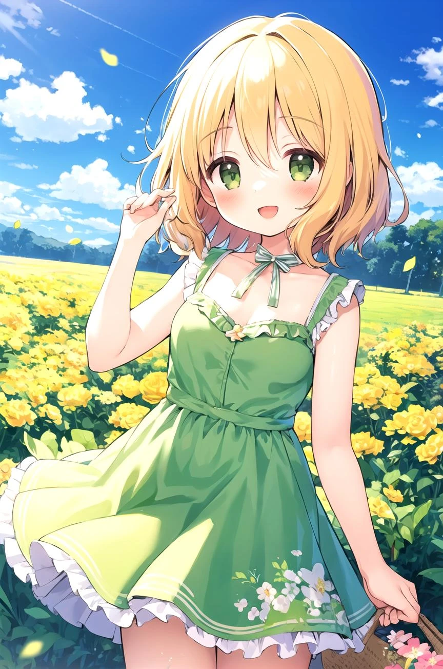 (masterpiece, best quality:1.1),Sakurai Momoka, fanart, 1girl, solo, scenary, short hair, flowers, petals, dress, flower dress, sky, clouds, :d