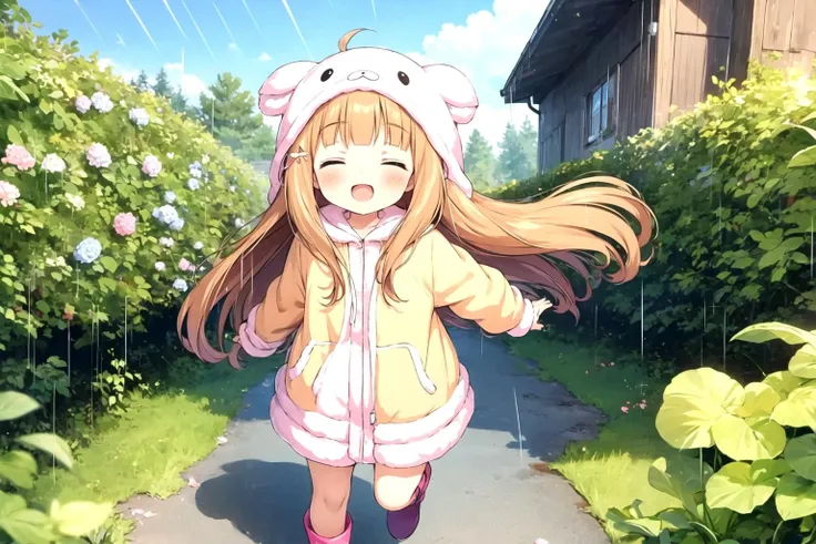 (masterpiece, best quality:1.1), 1girl, flat chest, Ichihara Nina, animal costume, orange eyes, <lora:u149-v4.0:0.85>, happy, 
orange hair, outdoors, running, closed eyes, animal hood, rainbow,raincoat,rubber boots,hydrangea,flower,boots,blush,hair ornament,teruterubouzu,hood up,long sleeves,full body,footwear,pink flower,standing,leaf,food-themed hair ornament,hair bow,hair flower,rain