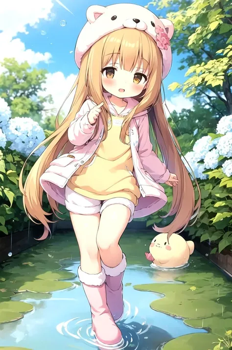 (masterpiece, best quality:1.1), 1girl, flat chest, Ichihara Nina, animal costume, orange eyes, <lora:u149-v4.0:0.85>, happy, 
orange hair, outdoors, running, closed eyes, holding hat, animal hood, rainbow,raincoat,rubber boots,hydrangea,flower,boots,blush,hair ornament,teruterubouzu,very long hair,hood up,long sleeves,,blue eyes,rabbit,puddle,full body,snail,yellow footwear,pink flower,standing,leaf,food-themed hair ornament,hair bow,holding,hair flower,rain,animal,