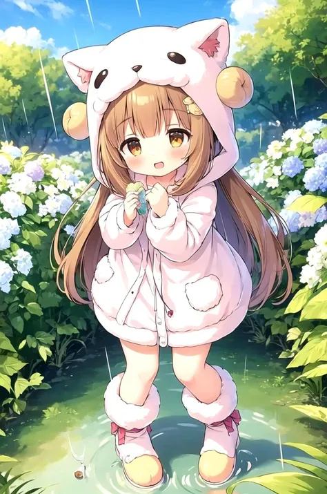 (masterpiece, best quality:1.1), 1girl, flat chest, Ichihara Nina, animal costume, orange eyes, <lora:u149-v4.0:0.85>, happy, 
orange hair, outdoors, running, closed eyes, holding hat, animal hood, rainbow,raincoat,rubber boots,hydrangea,flower,boots,blush,hair ornament,teruterubouzu,very long hair,hood up,long sleeves,,blue eyes,rabbit,puddle,full body,snail,yellow footwear,pink flower,standing,leaf,food-themed hair ornament,hair bow,holding,hair flower,rain,animal,