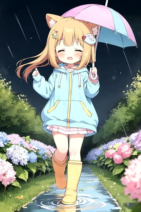 (masterpiece, best quality:1.1), 1girl, flat chest, Ichihara Nina, animal costume, orange eyes, <lora:u149-v4.0:0.85>, happy, 
orange hair, outdoors, running, closed eyes, holding hat, animal hood, rainbow,raincoat,rubber boots,hydrangea,flower,boots,blush,umbrella,open mouth,hair ornament,teruterubouzu,very long hair,hood up,long sleeves,,blue eyes,rabbit,closed umbrella,puddle,full body,snail,yellow footwear,pink flower,standing,leaf umbrella,holding umbrella,food-themed hair ornament,hair bow,holding,hair flower,rain,animal,