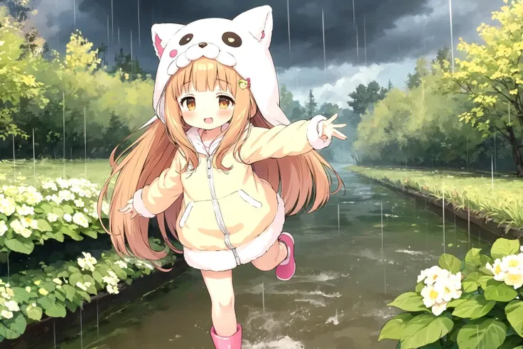 (masterpiece, best quality:1.1), 1girl, flat chest, Ichihara Nina, animal costume, orange eyes, <lora:u149-v4.0:0.85>, happy, 
orange hair, outdoors, running, closed eyes, animal hood, rainbow,raincoat,rubber boots,hydrangea,flower,boots,blush,hair ornament,teruterubouzu,hood up,long sleeves,full body,footwear,pink flower,standing,leaf,food-themed hair ornament,hair bow,hair flower,rain