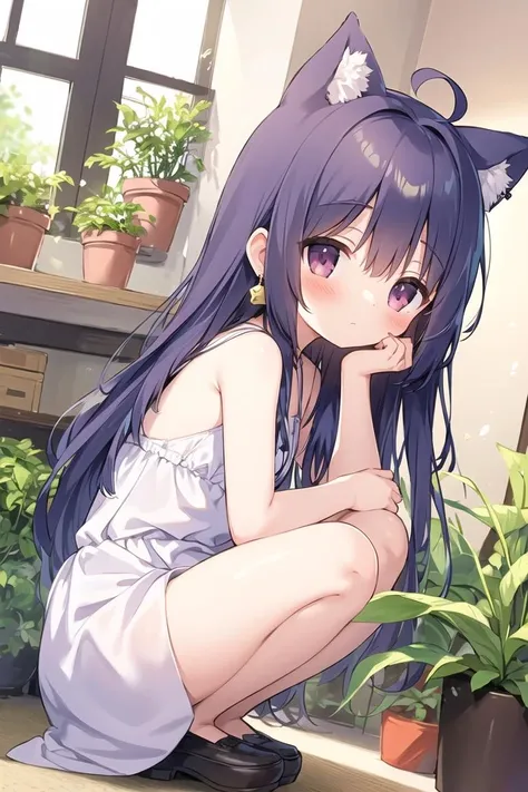 (masterpiece:1.2), best quality, 1girl, solo, long hair, looking at viewer, jewelry, earrings, indoors, bangs, ahoge, dress, blush, plant, multicolored hair, squatting, window, potted plant, flower, closed mouth, from side, wavy hair, bare shoulders, sleeveless, flat chest, purple hair