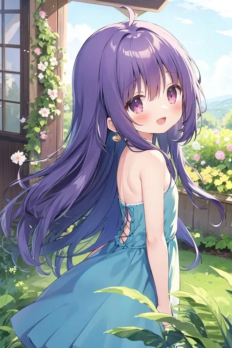 (masterpiece:1.2), best quality, 1girl, solo, long hair, looking at viewer, jewelry, earrings, outdoors, bangs, ahoge, dress, blush, plant, multicolored hair, arms behind back, window, flower bed, flower, :d, from back, wavy hair, bare shoulders, sleeveless, flat chest, purple hair