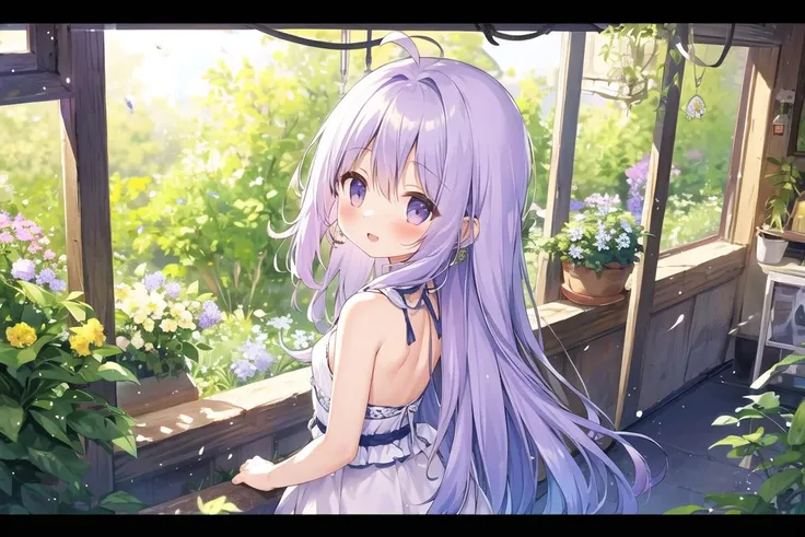 (masterpiece:1.2), best quality, 1girl, solo, long hair, looking at viewer, jewelry, earrings, outdoors, bangs, ahoge, dress, blush, plant, multicolored hair, arms behind back, window, flower bed, flower, happy, from back, wavy hair, bare shoulders, sleeveless, flat chest, purple hair, dynamic pose, lighting, light particles