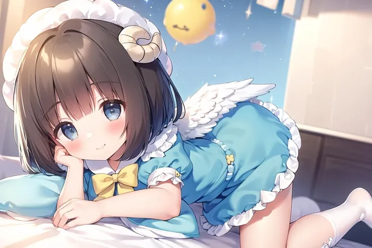 ((masterpiece, highest details, solo)), 1girl, angel, (short hair, dark brown hair), blunt bangs, blue eyes, (pastel blue frilled dress with pufffy short sleeves), (angel wings), cloud hair ornament, (sheep girl), (stuffed sheep), golden gate, yellow bowtie, peter pan collar, full body, white ankle socks, (closed mouth, smile), stars, starry background, ((galaxy))