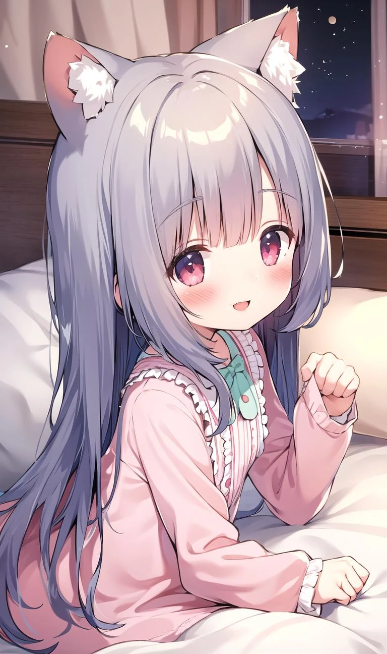 masterpiece, best quality, 4k, 8k, smile, blush, 1girl, bangs, blunt bangs, frills, fox ears, looking at viewer, cat pose, dynamic pose, solo, bed, on bed, crawling, big smile, detailed eyes, cute eyes, pajamas, from side