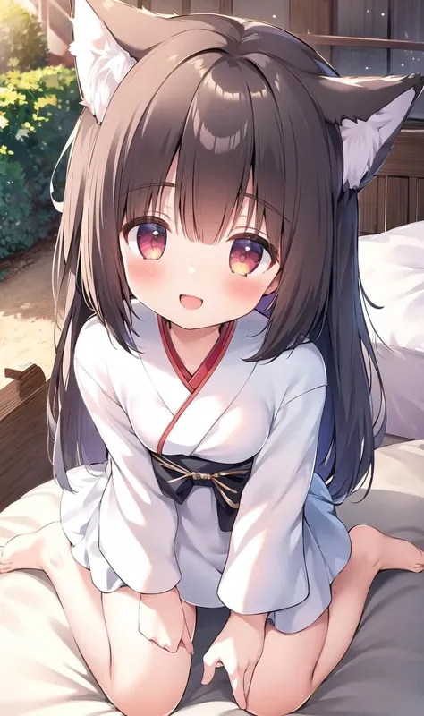 masterpiece, best quality, 4k, 8k, smile, blush, 1girl, bangs, blunt bangs, japanese traditional dress, frills, fox ears, outdoors, running , dynamic pose, solo, bed, on bed, crawling, big smile, detailed eyes, cute eyes