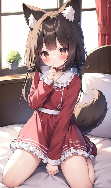 masterpiece, best quality, 4k, 8k, smile, blush, 1girl, bangs, blunt bangs, red dress, frills, fox ears, looking at viewer, cat pose, dynamic pose, solo, bed, on bed, crawling