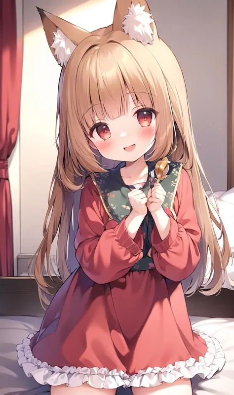 masterpiece, best quality, 4k, 8k, smile, blush, 1girl, bangs, blunt bangs, red dress, frills, fox ears, looking at viewer, cat pose, dynamic pose, solo, bed, on bed, crawling, big smile, detailed eyes, cute eyes