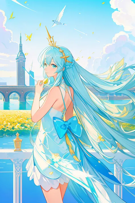 1girl, (stylized by John T. Biggers:1.1) and (Tom Whalen:1.0) , elegant Digital painting, majestic, landscape of a Lemon Yellow, Sky Blue and Mint Green ([The Big Hole|Shanghai]:1.3) in the distance there is a Amsterdam, it is very [Blue:Majestic:11] and Angelic, Arcadian woods and Planet in background, at Dawn, Classical, Peaceful, hyper detailed, Decopunk, split lighting, Depth of field 100mm, Cold Colors, cinematic, Mandala, absurdres, 64K, idyllic