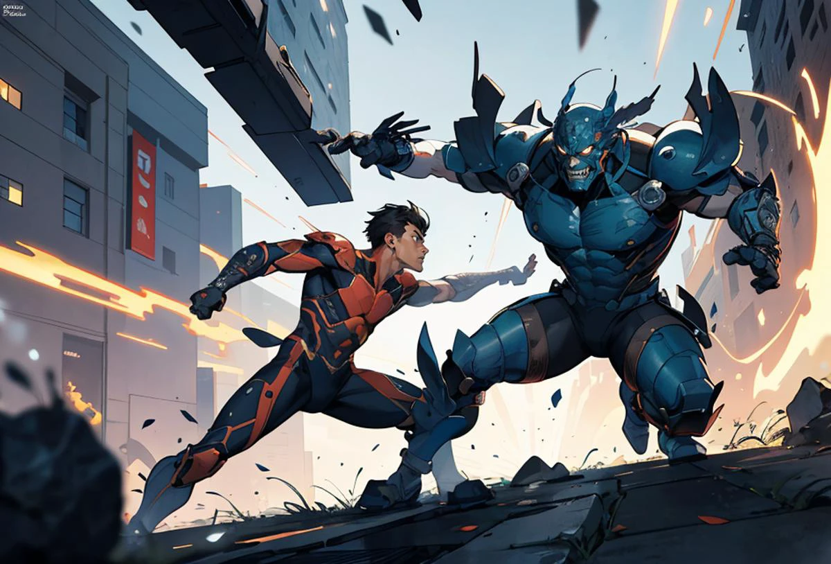 graphic novel from the year 2000,dynamic angle,best quality,masterpiece,intricate details,combat (2boy Time travelers fighting paradox creatures.),
