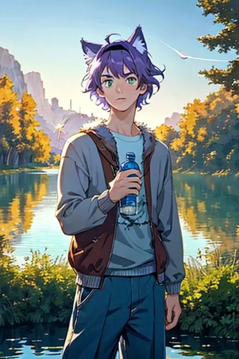 green eyes, hairband, purple hair, dmm style, very short hair, clear, street lights, nose, sweater, dark brown eyes, wolf head, small lake with island, woods, fur head, solar system, impressionist, water bottle, observation, exploration, ultrarealsitc, handsome, scared expression, beautiful natural soft light, professional composition, refractions, good proportions, thematic background, cinemascope, romantic, big chest