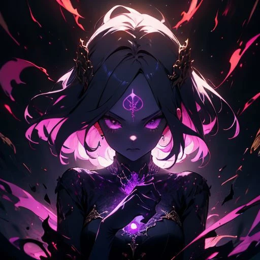 Best quality, Masterpiece, Occult Girl, mystical environement, absurdres, highres, ultra detailed, otherworldly hues, surreal landscapes, unseen light, ethereal glow, vibrant colors, Dramatic light, pentagram tatoo, <lora:r1ge - AnimeRage:0.5> r1ge, magic, aura, energy, Gold ornament, OverallDetail, from down, hand up, Unconventional, (dark Purple theme:1.2)