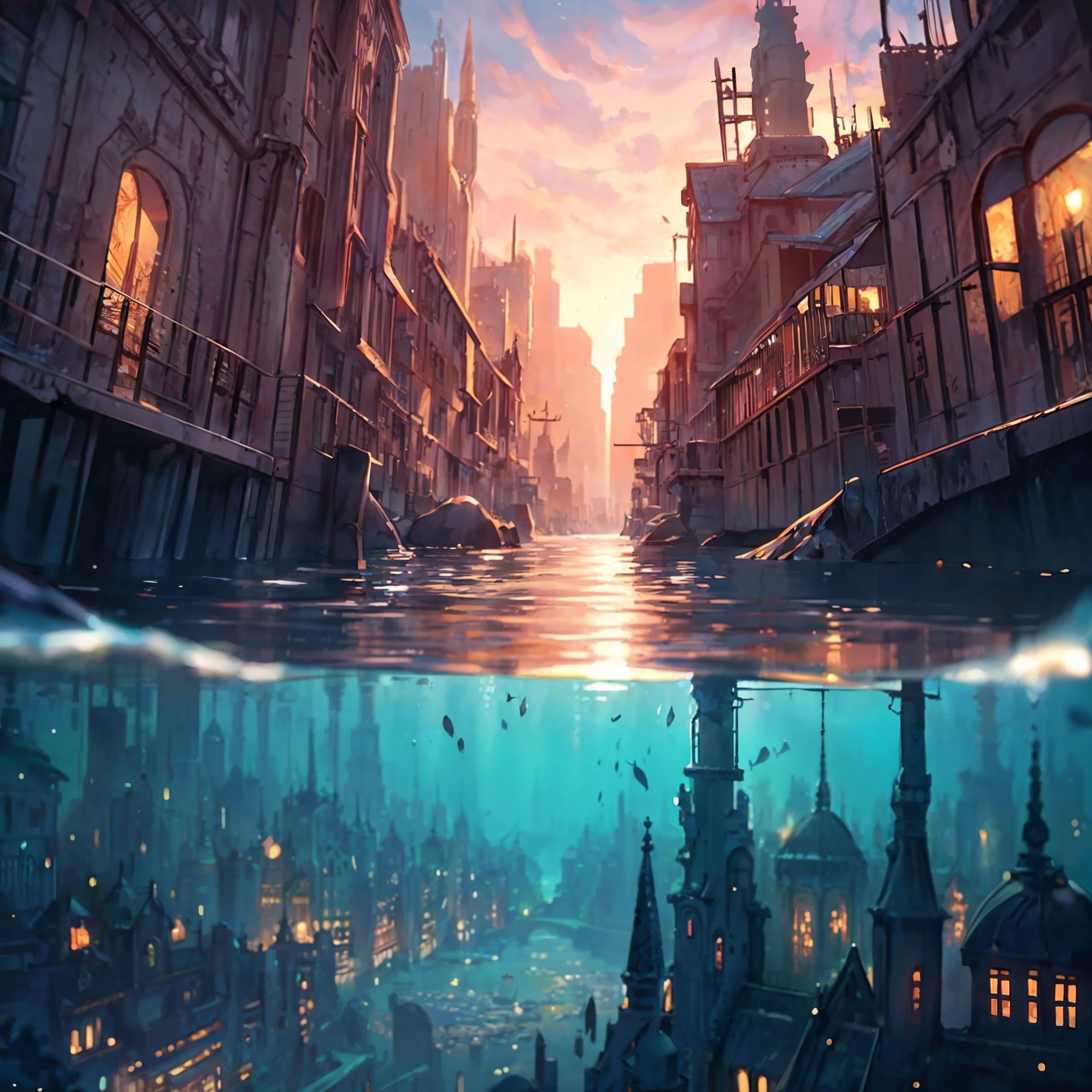 breathtaking quality image, Best quality, vibrant colors, dramatic light, intricate details, Underwater city, Depth of field, field of view, city in water, OverallDetail, <lora:add_detail:0.8>, Best quality, Masterpiece, UHD, ultra high definition, (Enhanced Quality:1.1), Ultra detailed, WQHD, 16K Picture
