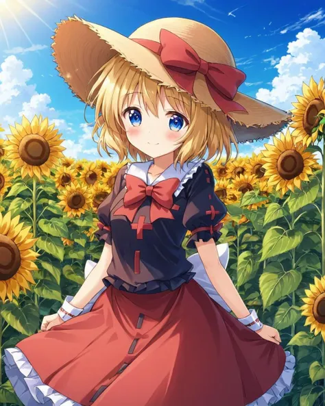 medicine melancholy,1girl, sunflower, solo, day, smile, blue_sky, skirt, looking_at_viewer, cloud, hat_flower, wrist_cuffs, arm_behind_back, hand_on_headwear, bow, outdoors, blush, hat_ribbon, flower_field, sun_hat, puffy_short_sleeves, blouse, sash
<lora:medicine_melancholy_image1544_2023-12-14-000014:1>,star-shaped_pupils,symbol-shaped_pupils,. gorgeous,key visual, vibrant, studio anime,award-winning, professional, highly detailed,high budget, cinemascope