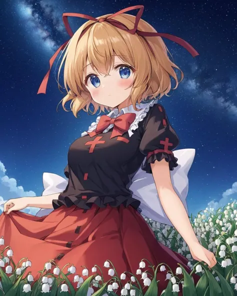 medicine melancholy,1girl, solo, star_\(sky\), starry_sky, red_ribbon, red_skirt, hair_ribbon, looking_at_viewer, blush, puffy_short_sleeves, night_sky, red_bowtie, outdoors, black_shirt, frilled_shirt_collar, closed_mouth, frilled_sleeves, breasts, white_bow, lily_of_the_valley
<lora:medicine_melancholy_image1544_2023-12-14-000014:1>,star-shaped_pupils,symbol-shaped_pupils,. gorgeous,key visual, vibrant, studio anime,award-winning, professional, highly detailed,high budget, cinemascope