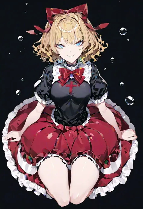 masterpiece, best quality, ultra-detailed, beautiful, nai3, 1girl, solo, full_body, tachi-e, 
medicine_melancholy, 1girl, smile, blonde hair, short hair, ribbon, blue eyes, black shirt, red skirt, bow, wavy_hair, puffy_short_sleeves, puffy_sleeves, short_sleeves, frills, frilled_shirt_collar, frilled_sleeves, frilled_shirt, red_bow, red_ribbon, bubble_skirt,