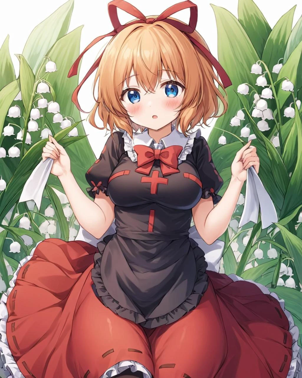 medicine melancholy,1girl, solo, lily_of_the_valley, open_mouth, hair_ribbon, cleavage, looking_at_viewer, medium_breasts, tray, zettai_ryouiki, black_thighhighs, apron, plant, alternate_costume, holding, head_tilt, detached_collar, frills, puffy_short_sleeves, red_skirt, bowtie, shirt, :d, blush
<lora:medicine_melancholy_image1544_2023-12-14-000014:1>,star-shaped_pupils,symbol-shaped_pupils,. gorgeous,key visual, vibrant, studio anime,award-winning, professional, highly detailed,high budget, cinemascope