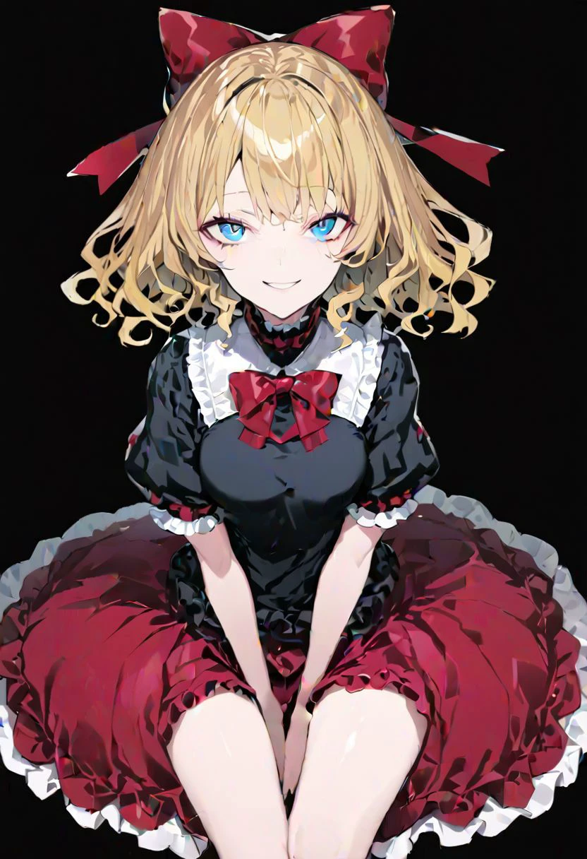 masterpiece, best quality, ultra-detailed, beautiful, nai3, 1girl, solo, full_body, tachi-e,
medicine_melancholy, 1girl, smile, blonde hair, short hair, ribbon, blue eyes, black shirt, red skirt, bow, wavy_hair, puffy_short_sleeves, puffy_sleeves, short_sleeves, frills, frilled_shirt_collar, frilled_sleeves, frilled_shirt, red_bow, red_ribbon, bubble_skirt,
