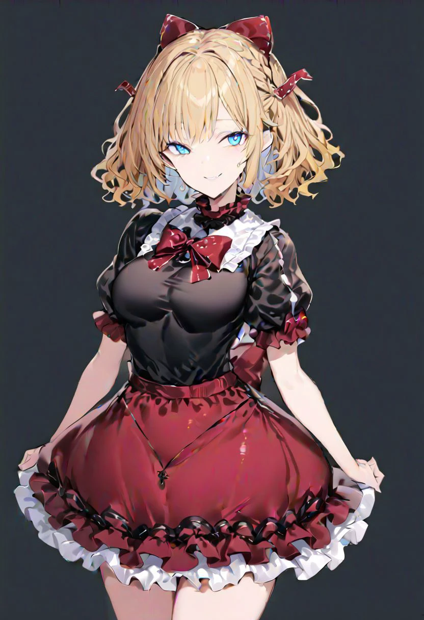 masterpiece, best quality, ultra-detailed, beautiful, nai3, 1girl, solo, full_body, tachi-e,
medicine_melancholy, 1girl, smile, blonde hair, short hair, ribbon, blue eyes, black shirt, red skirt, bow, wavy_hair, puffy_short_sleeves, puffy_sleeves, short_sleeves, frills, frilled_shirt_collar, frilled_sleeves, frilled_shirt, red_bow, red_ribbon, bubble_skirt,